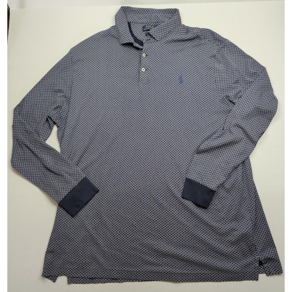 Polo Ralph Lauren Polo Shirt Mens XXL Navy Blue Geometric Dots Pony Long Sleeve - Picture 2 of 9